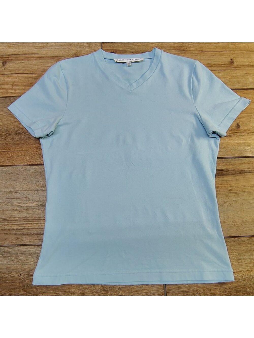 Ballinger Gold Supplex Lycra V-Neck Tee USA 90s Baby Blue Small